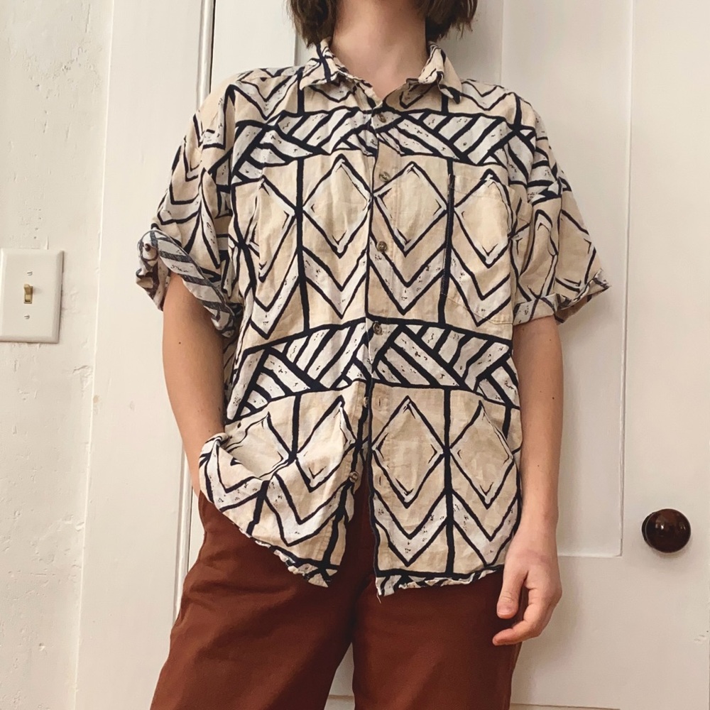 boxy geometric pattern button-up shirt